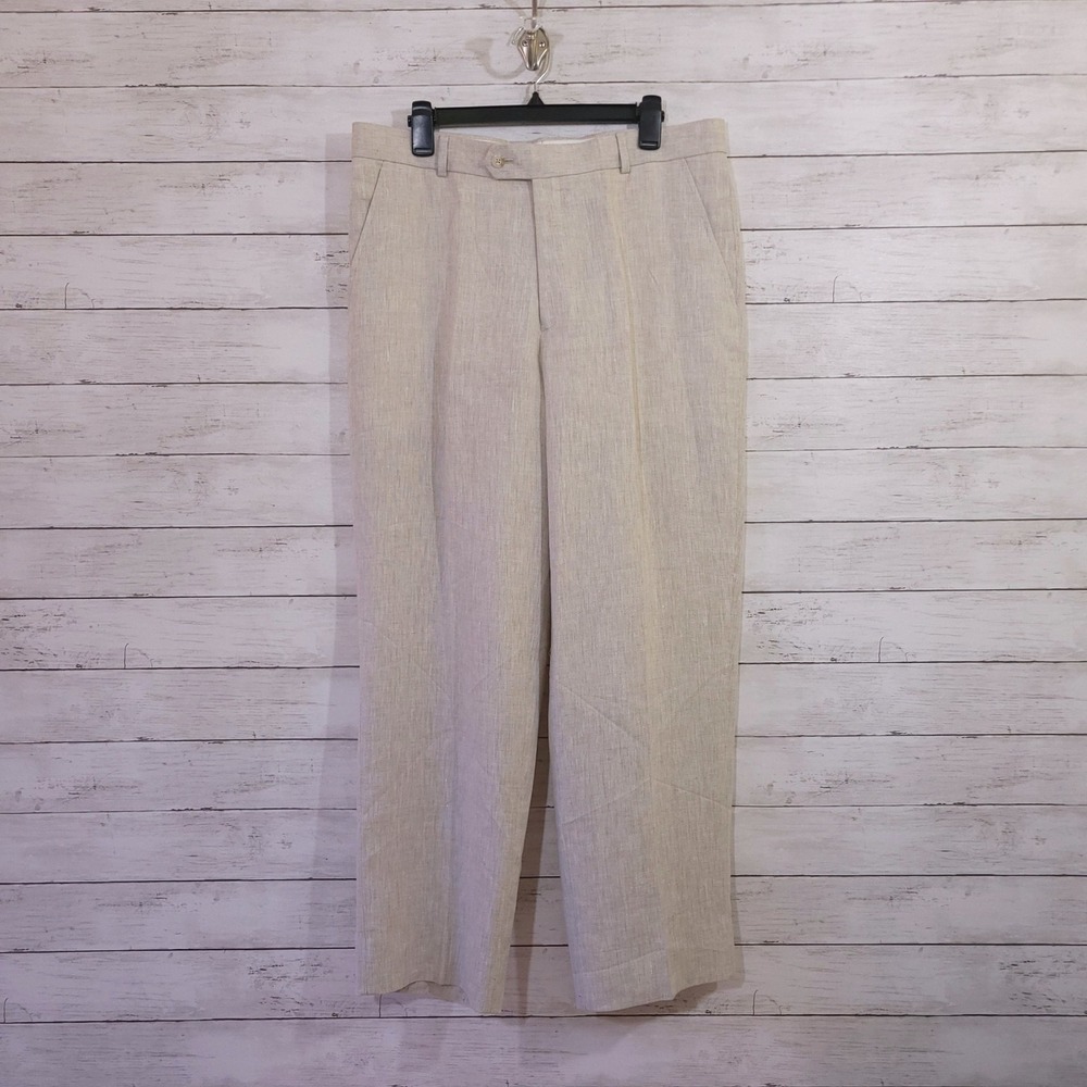 Haspel Mitch Mens 100% Linen Flat Front Trousers Pants Beige 36 SW